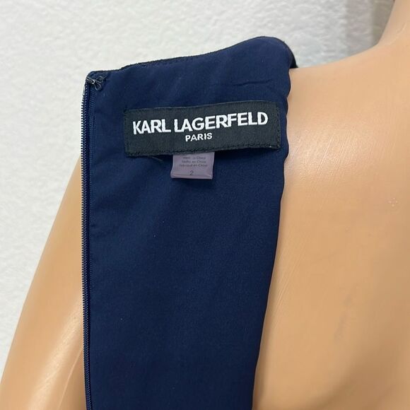 Karl Lagerfeld Paris Dress Sz 2 Scoop Neck Sleeveless Navy Blue Pearls Gold Mini - Picture 7 of 9